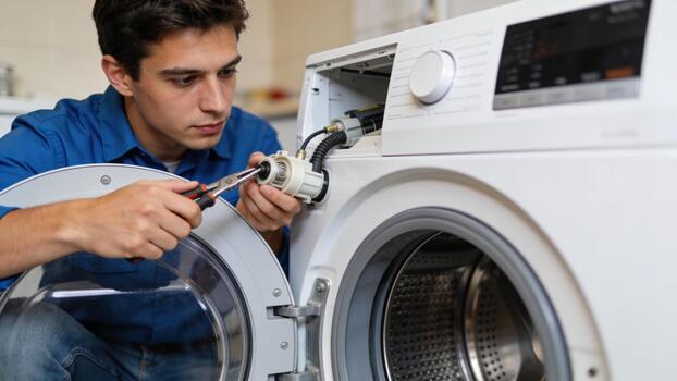 Technician using a wrench on the pump assembly of a washing machine